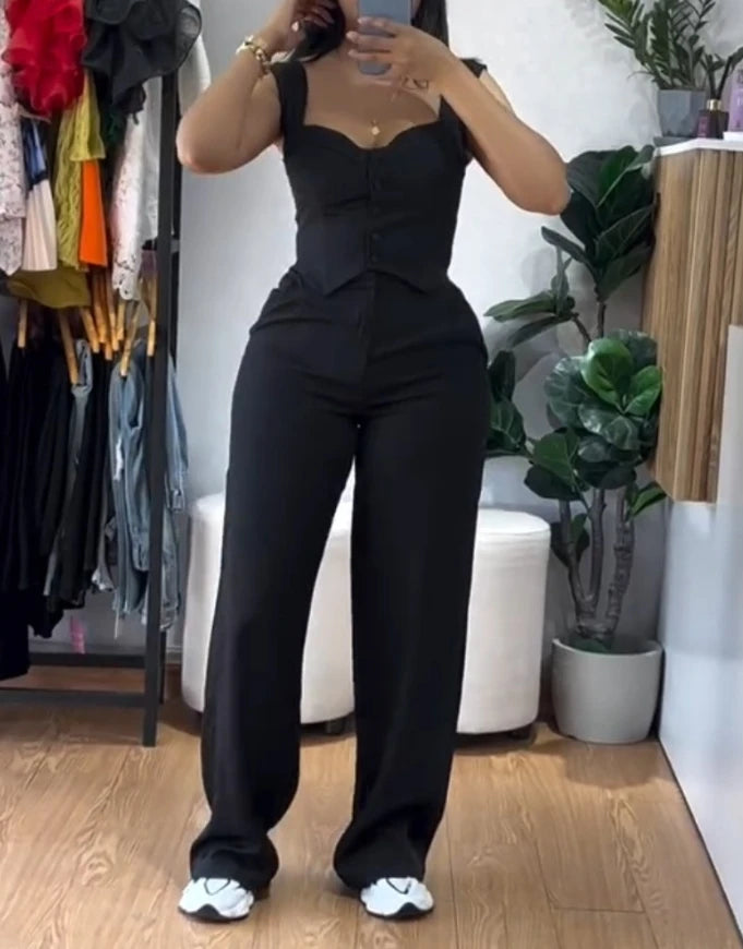 Two Piece Set V-Neck Sleeveless Vest Tank & Casual Wide Leg Pants
