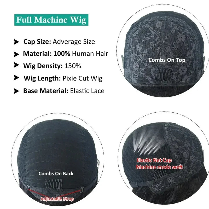 Pixie Short Afro Curly Bob 100% Human Hair Wigs With Bangs