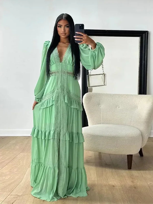 Elegant Layered Ruffles Patchwork Long Dress Chic