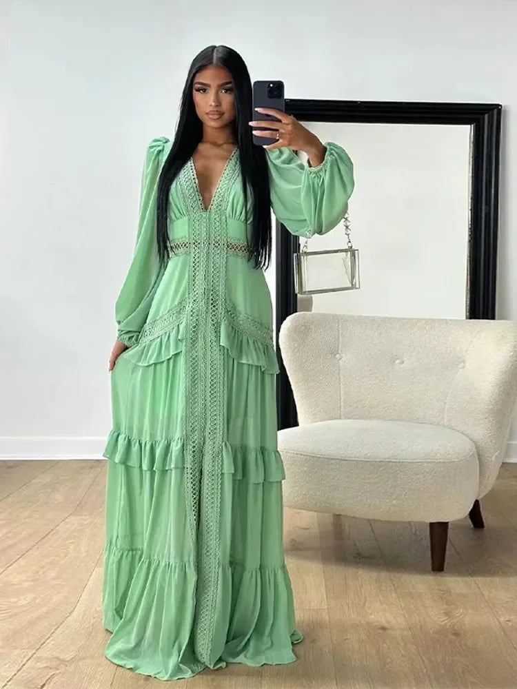 Elegant Layered Ruffles Patchwork Long Dress Chic