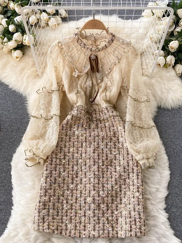 Woolen Tweed Plaid Ruffle French Pearls Dress