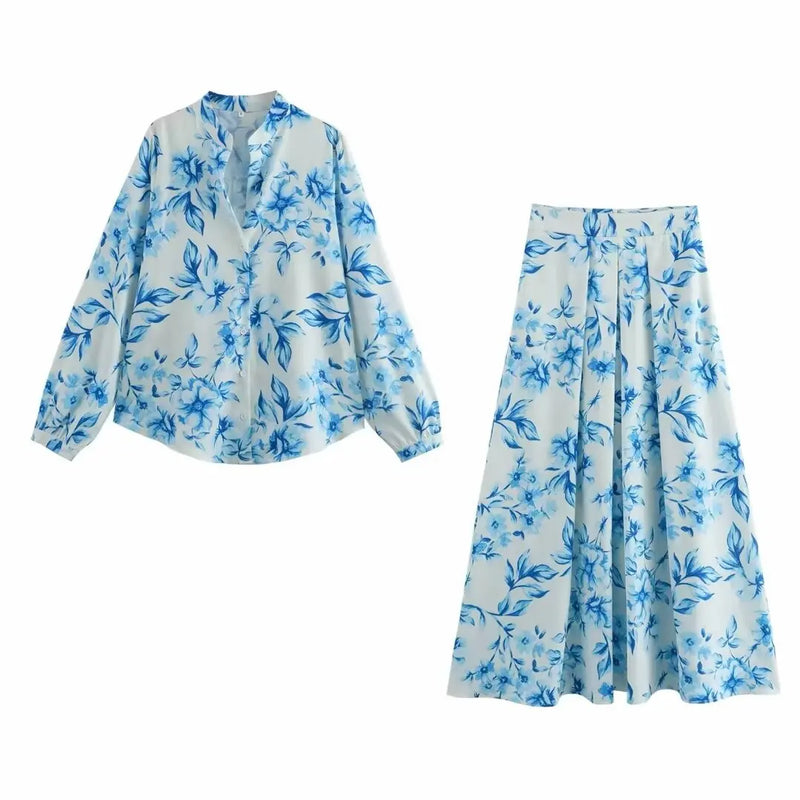 CAMINA Long Sleeves Shirts Tops+Vintage High Waist Long Skirt
