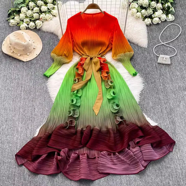 Ruffles Splice Gradient Color Pleated Dresses