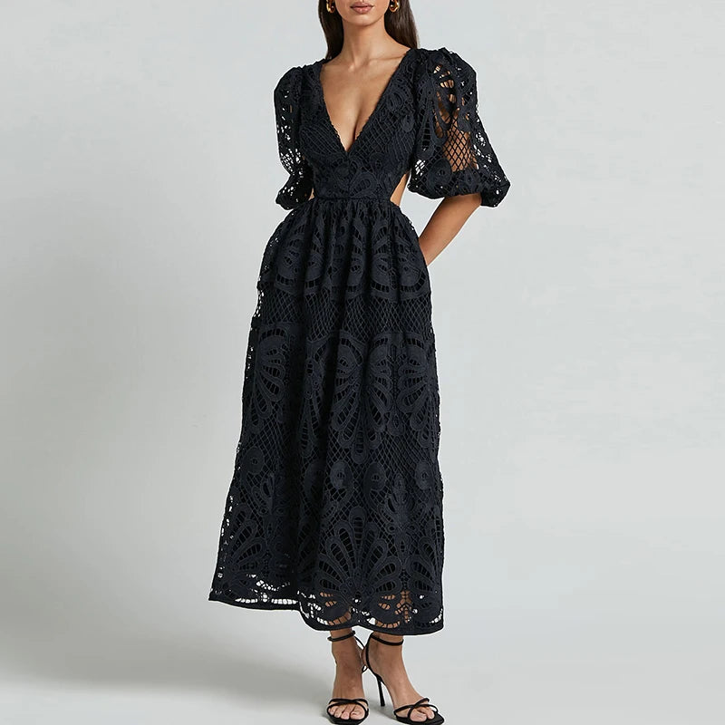 Causal Half Sleeves Deep V-neck Hollow Out Long Dress
