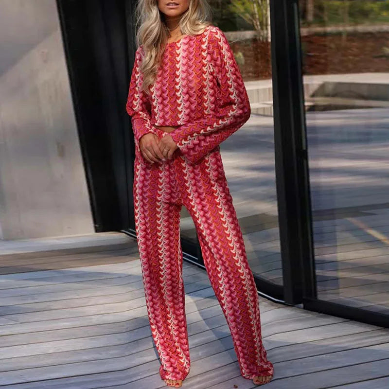 Striped Crochet Hook O Neck Top Pullover And High Waist Pants
