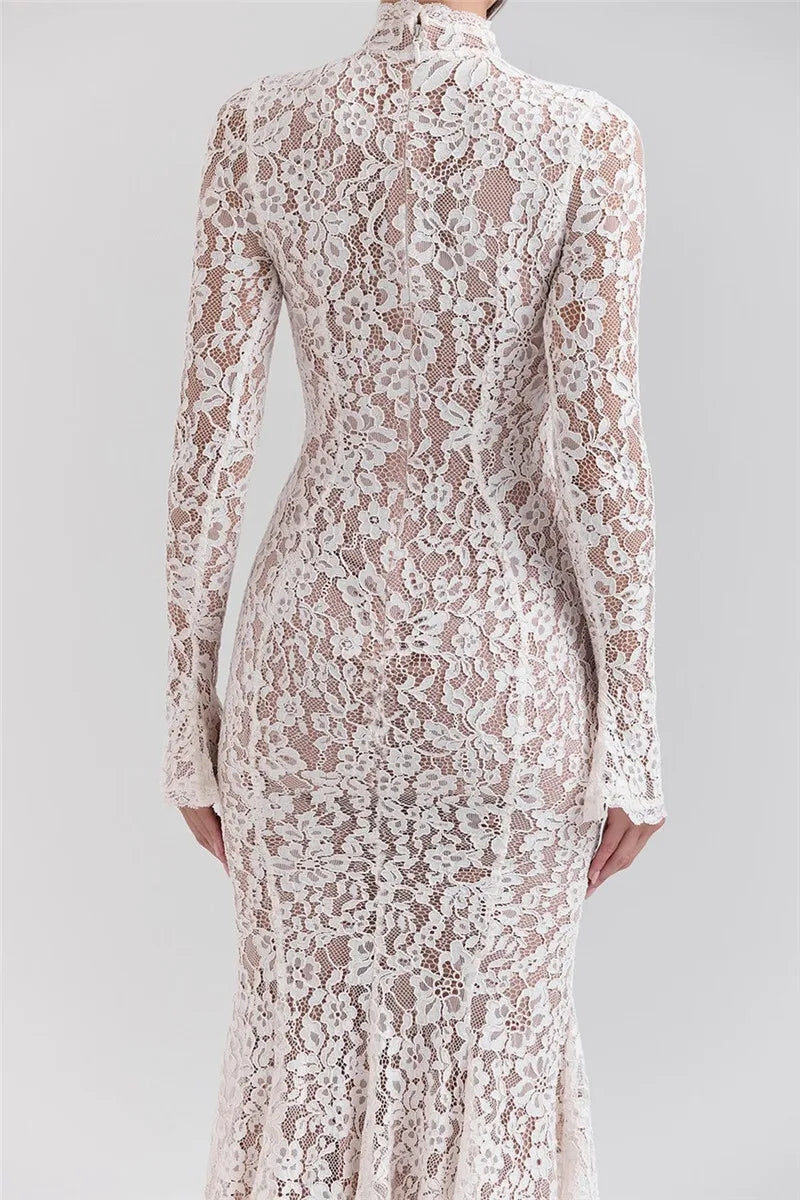 Elegant White Half High Collar High Waist Lace Long Sleeve Dress
