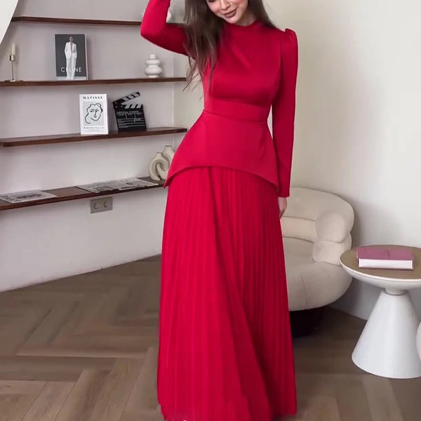 Elegant Crew Collar Long Sleeve Lace Up Dress