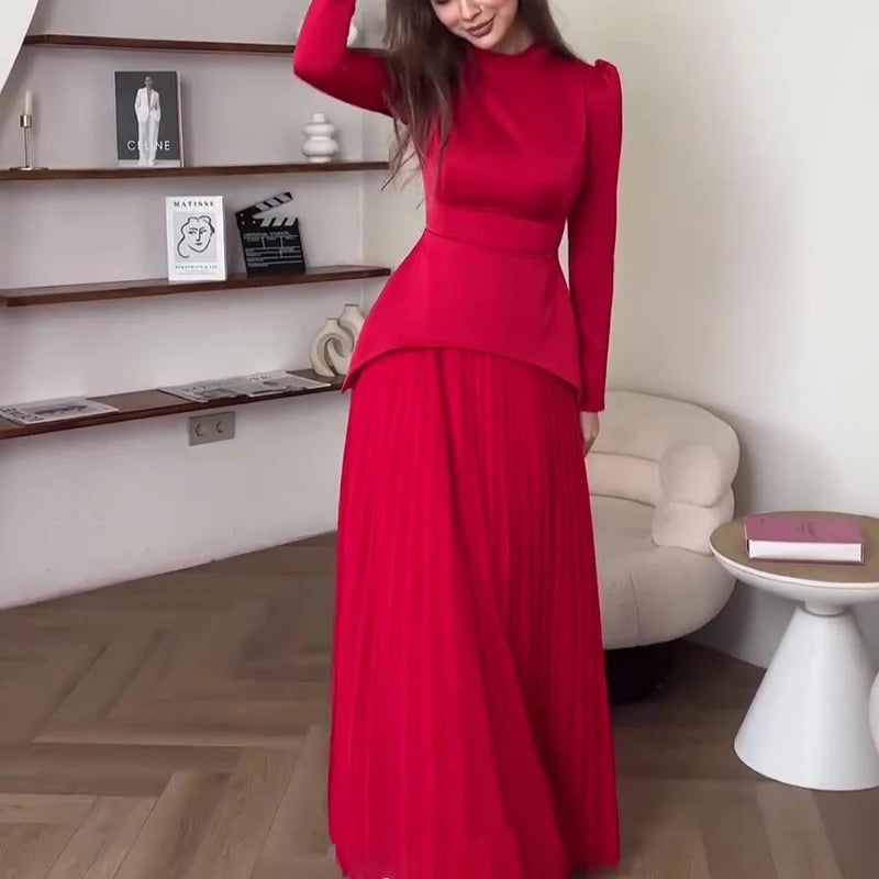 Elegant Crew Collar Long Sleeve Lace Up Dress