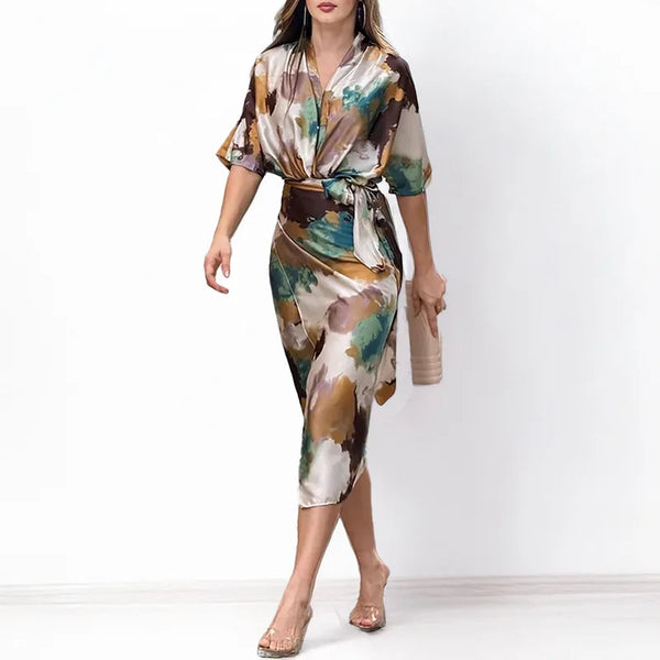 Casual Short Sleeve V Neck Waist Length With Belt Dress