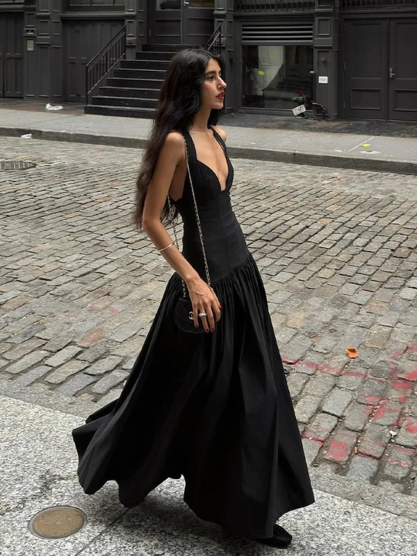 Black V-neck Sleeveless Backless  Elegant Satin Dress