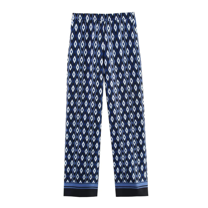 Vintage Blue Geometric Long Sleeve Loose Shirts+High Waist Wide Leg Pants