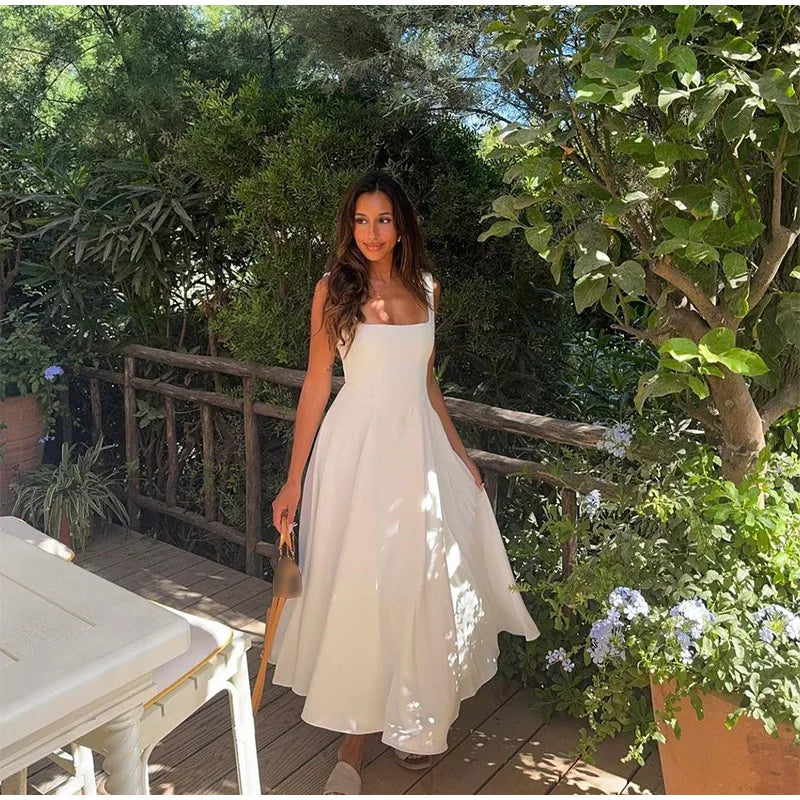 Elegant Square Neck Long Chic Sleeveless Dress