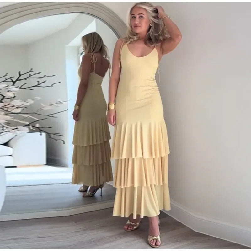 Cascading Ruffles Long V-neck Sleeveless Backless Dress