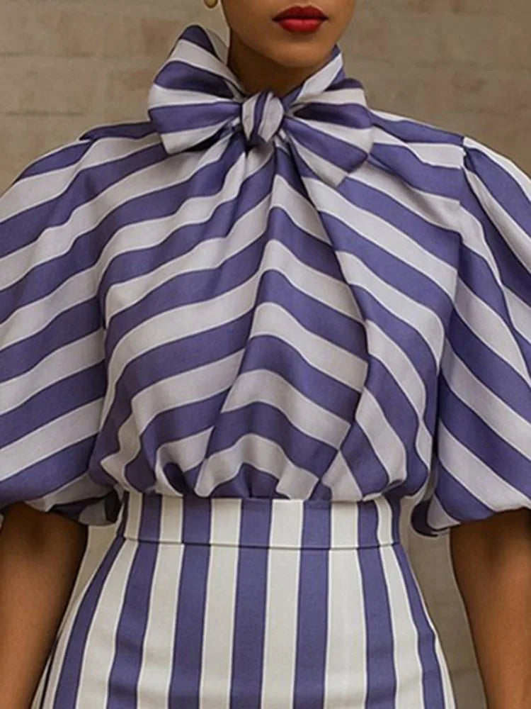 Striped High Waist Long Skirt Puff Sleeves Bow Puff Sleeves Shirts
