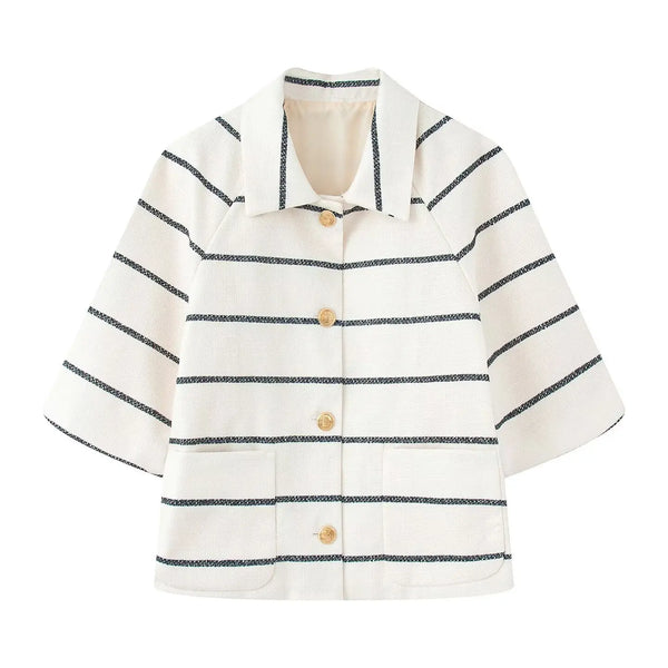 Striped Single-breasted Lapel Half Sleeves Tops Loose High Waist Short