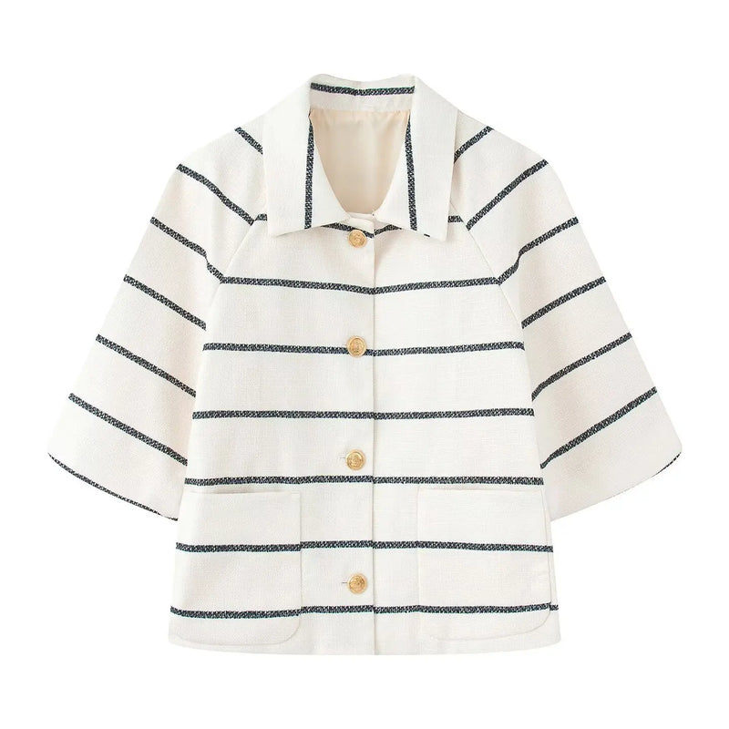 Striped Single-breasted Lapel Half Sleeves Tops Loose High Waist Short