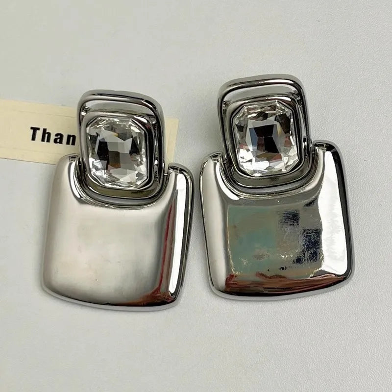 Vintage Metal Square Geometric Crystal Large Earrings