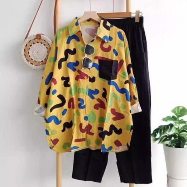 Women Shirt with Wide Leg Trousers Long Sleeve Blouse