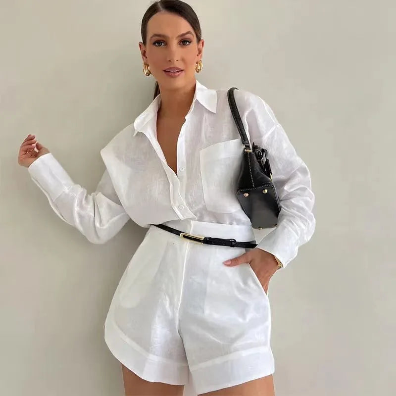 Long Sleeve 2-Piece Set Casual Button Shirt Short