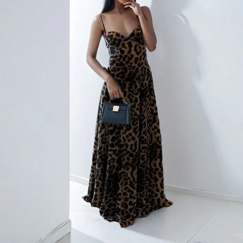 Summer Vintage Suspender Sleeveless Backless High Waist Long Dress