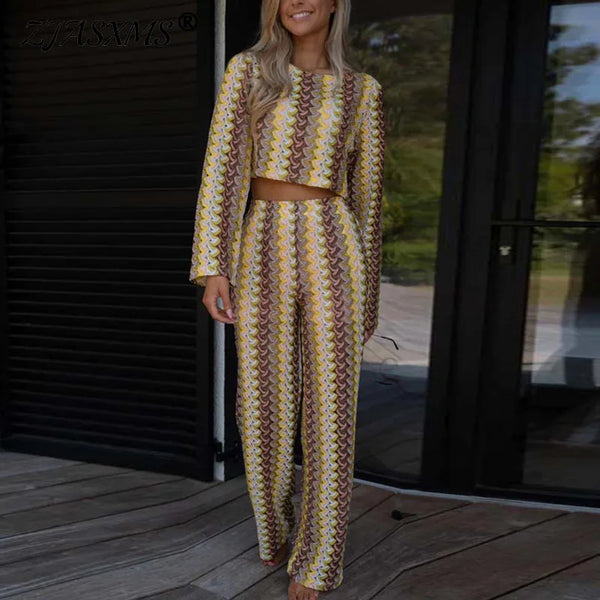 Striped Crochet Hook O Neck Top Pullover And High Waist Pants