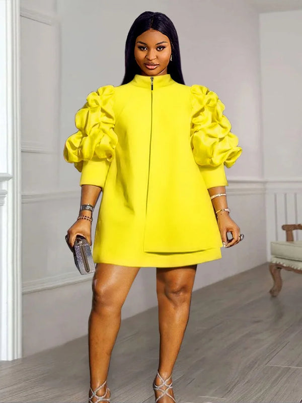 Elegant Lady Loose Purff Zipper Up Long Sleeve Mini Dress