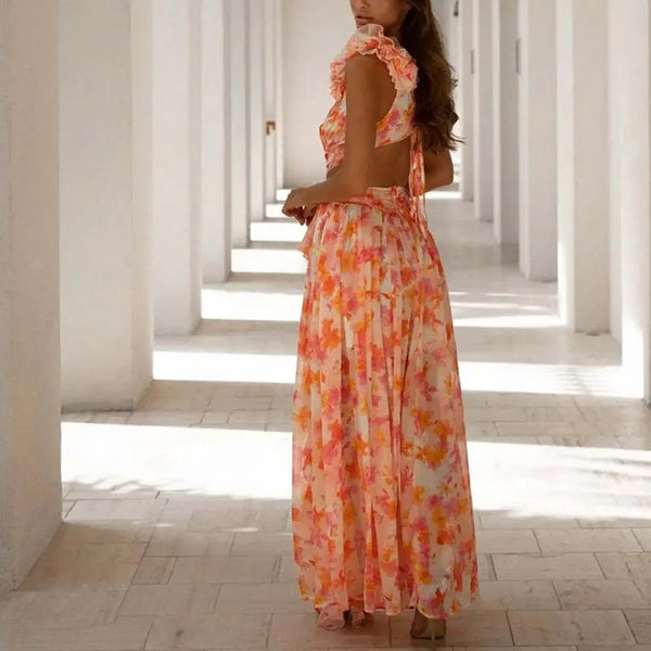 Elegant Floral Shoulder Deep V-neck Long Waist Ruffle Dress