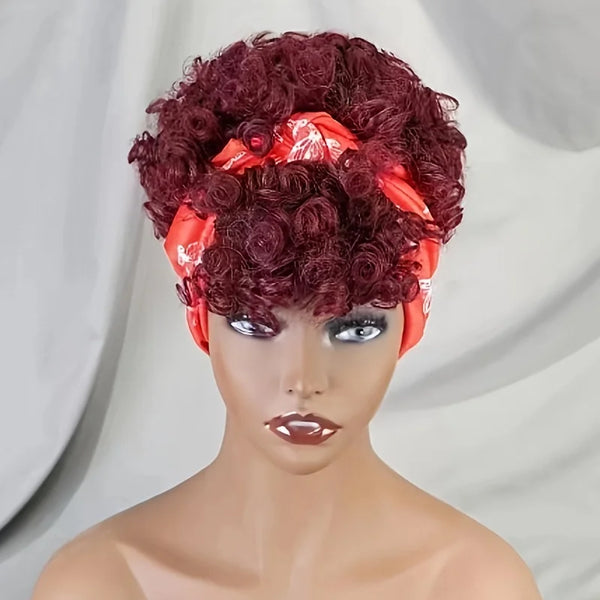Burgundy Short Curly Headband Wig 100% Human Hair Pixie Cut Wig