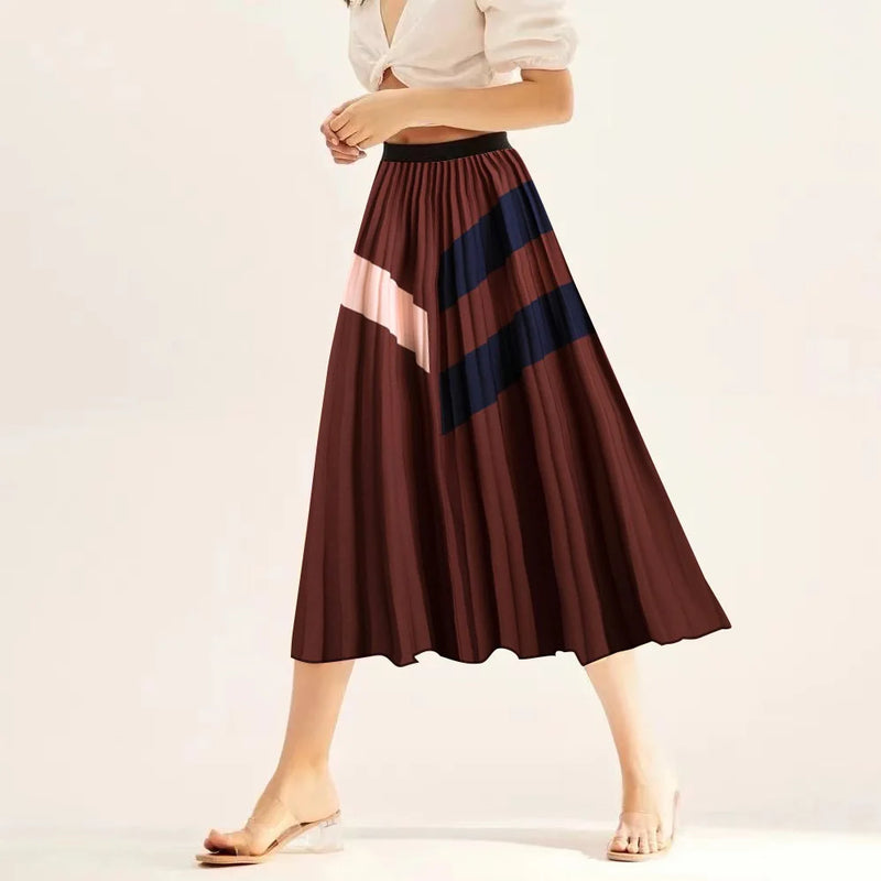 Printed elastic mid length A-line pressed pleated skirt