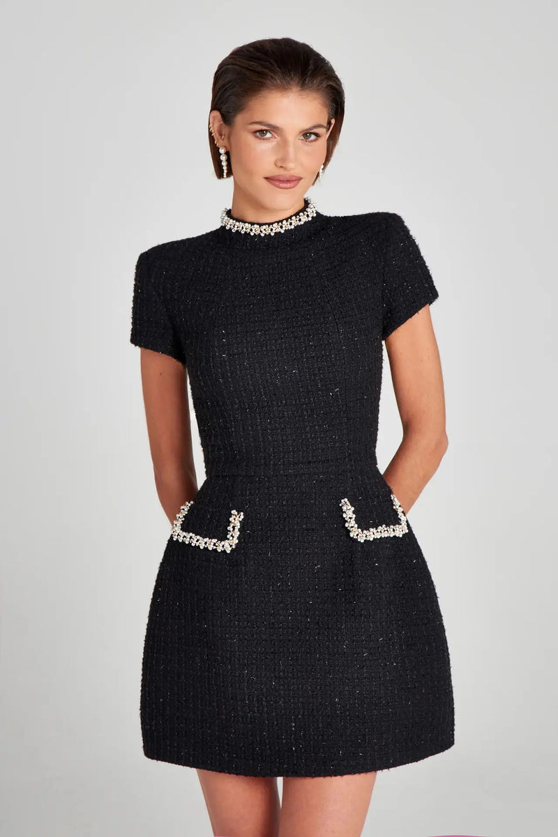 Elegant Tweed A-Line Slim Short Sleeve Retro O-Neck Patchwork Dress