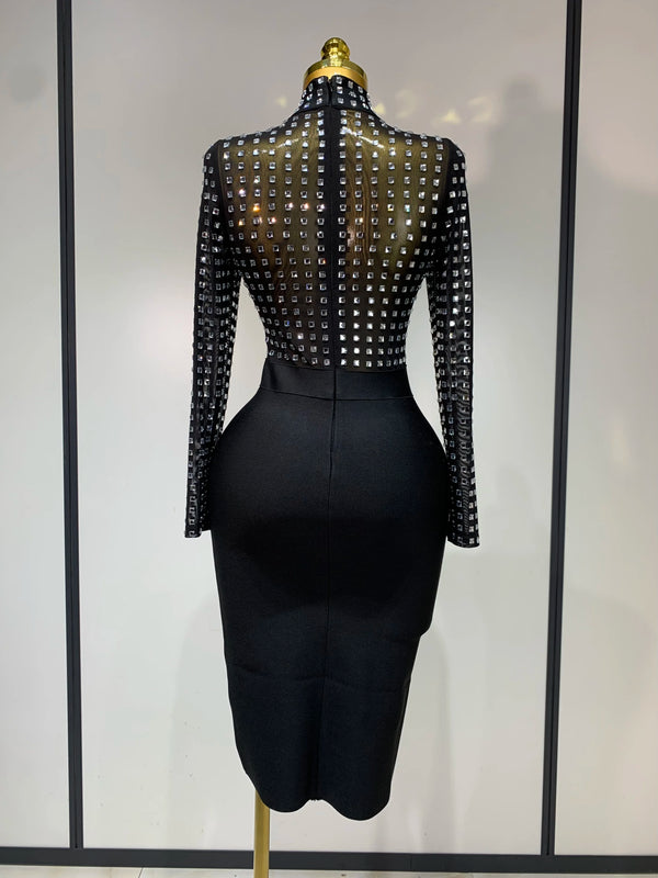 Elegant Turtleneck Rhinestones Black Mesh Bodycon Bandage Dress