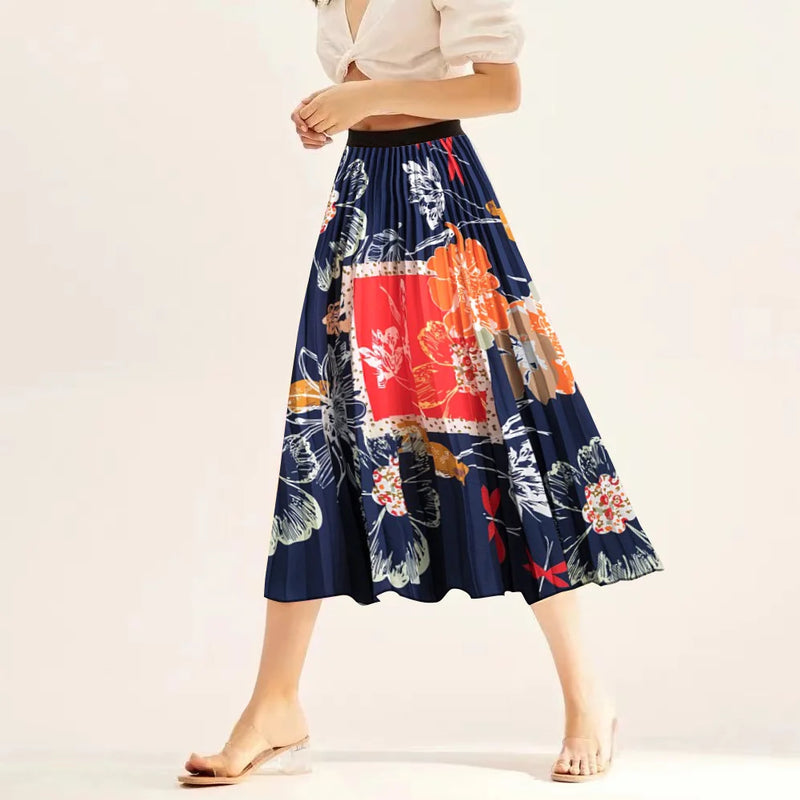 Printed elastic mid length A-line pressed pleated skirt