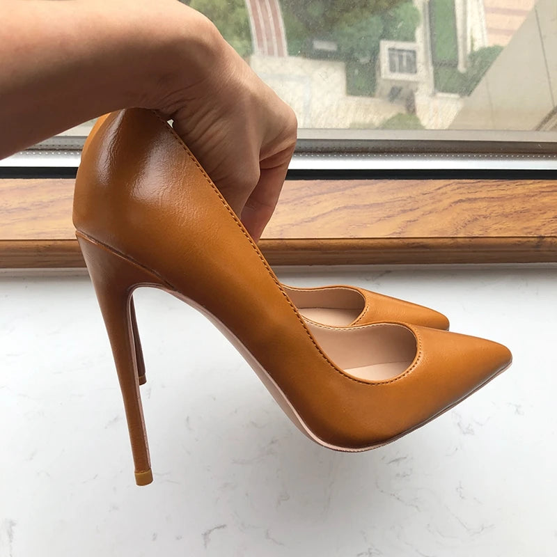Tikicup Solid Khaki Brown Matte Pointed High Heels