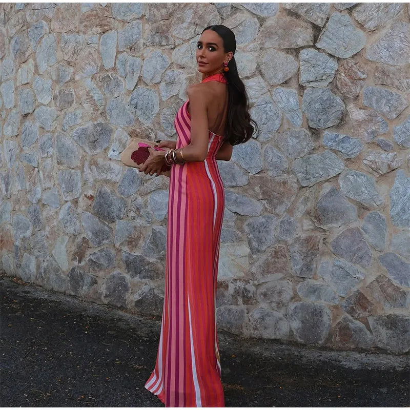 Contrast Striped Halte Off Shoulder Sleeveless Backless Slim Dress