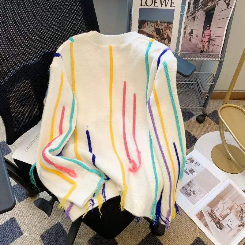 Winter Tassels Rainbow Striped Sweater Coat