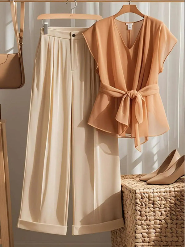 V-neck Short Sleeve Lace Up Waist Blouse Tops + Wide Leg Pants