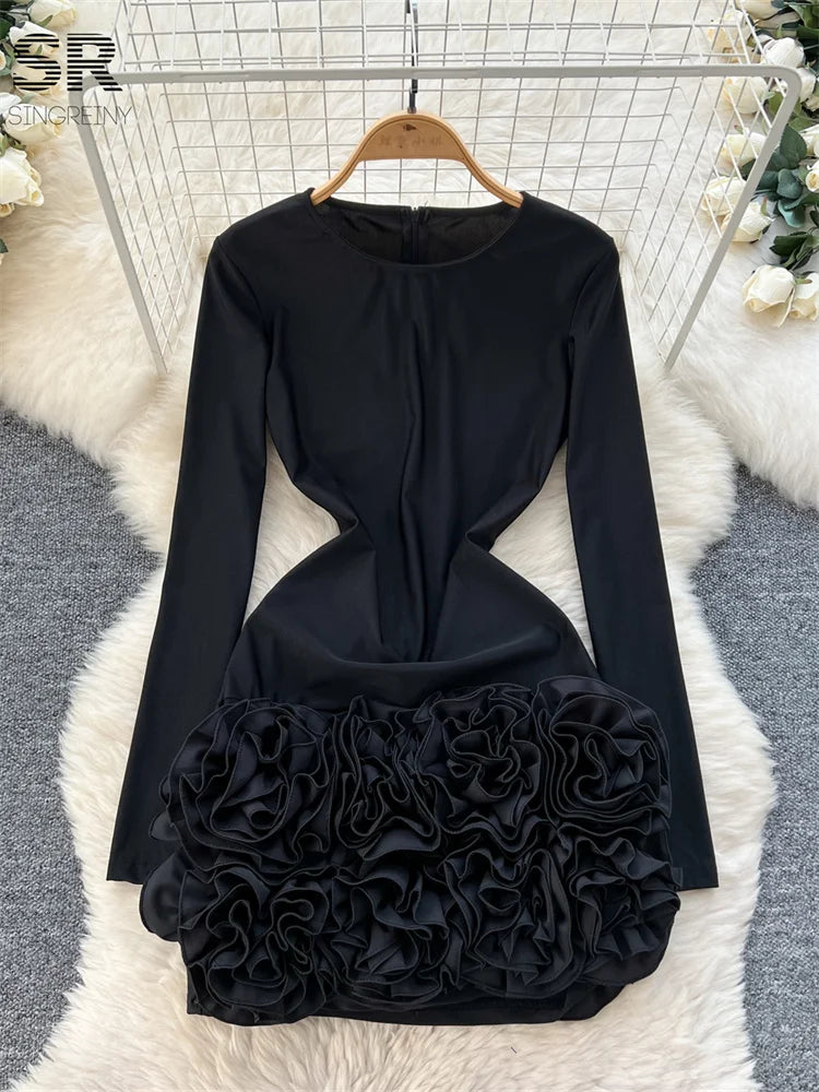 3D Flower Long Sleeve O Neck Solid Slim Dress