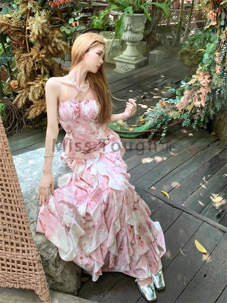 Summer Elegant Sleeveless Strap Chic Backless Floral Dress