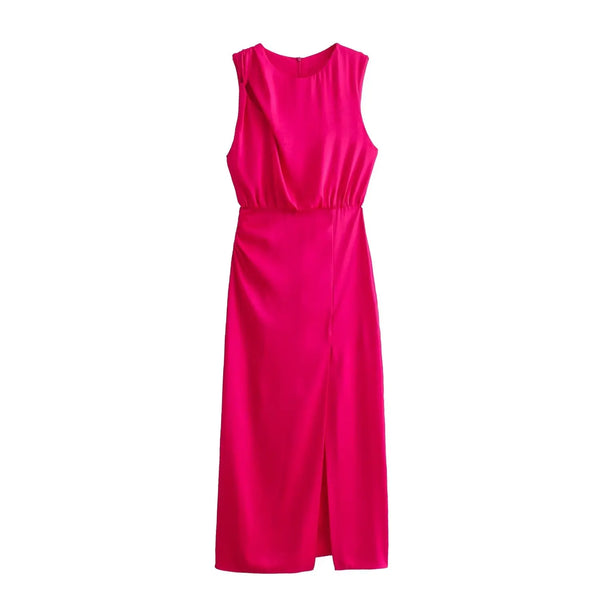 Sleeveless Satin Pink Ruched Slit Elegant Long Dress