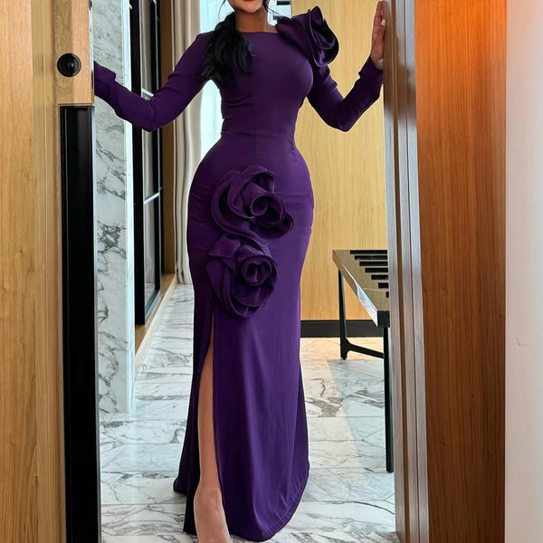 Long Sleeves Straight Floor Length Crew neck Dress