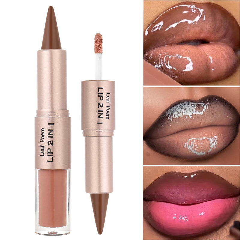 2 IN 1 Nude Brown Pink Mirror Lip Gloss Contour Pencil Matte Lipliner