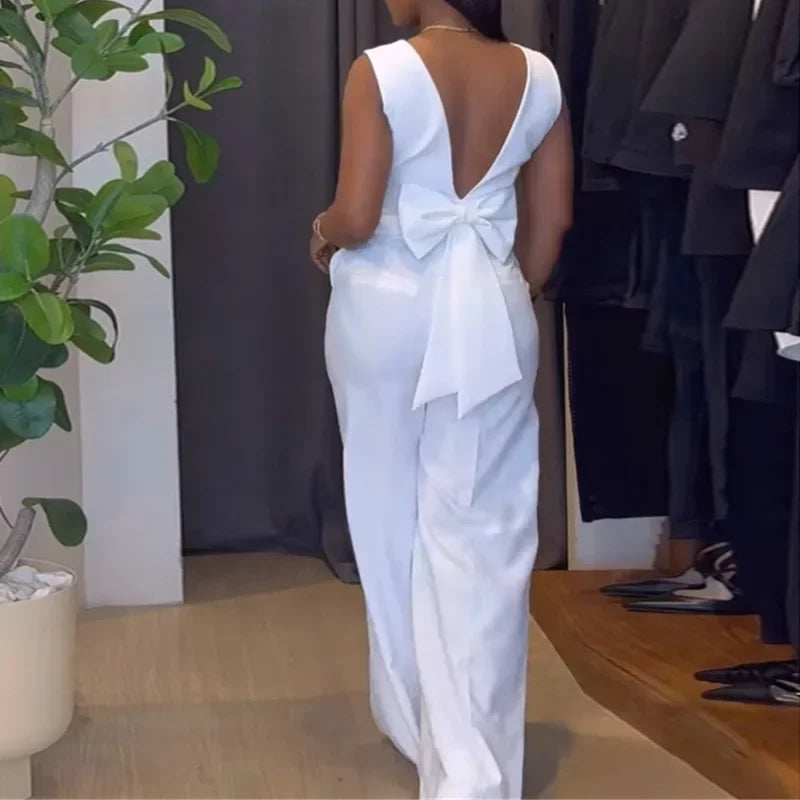 V-Neck Backless Bow Tops & High Waist Casual Pocket Wide Leg Pants