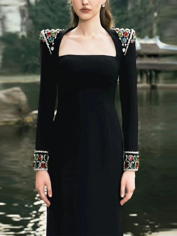 Sleeve Diamonds Rhinestone Beaded Long Dress