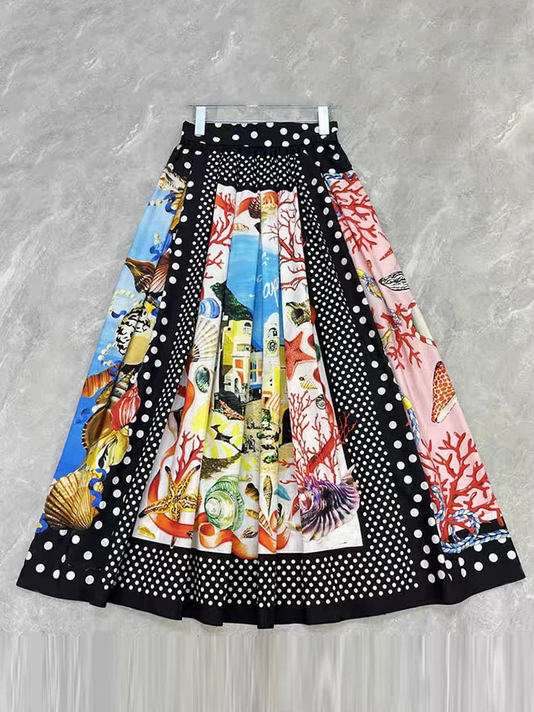 Retro Polka top halter wear + high waist geometric print loose skirt set