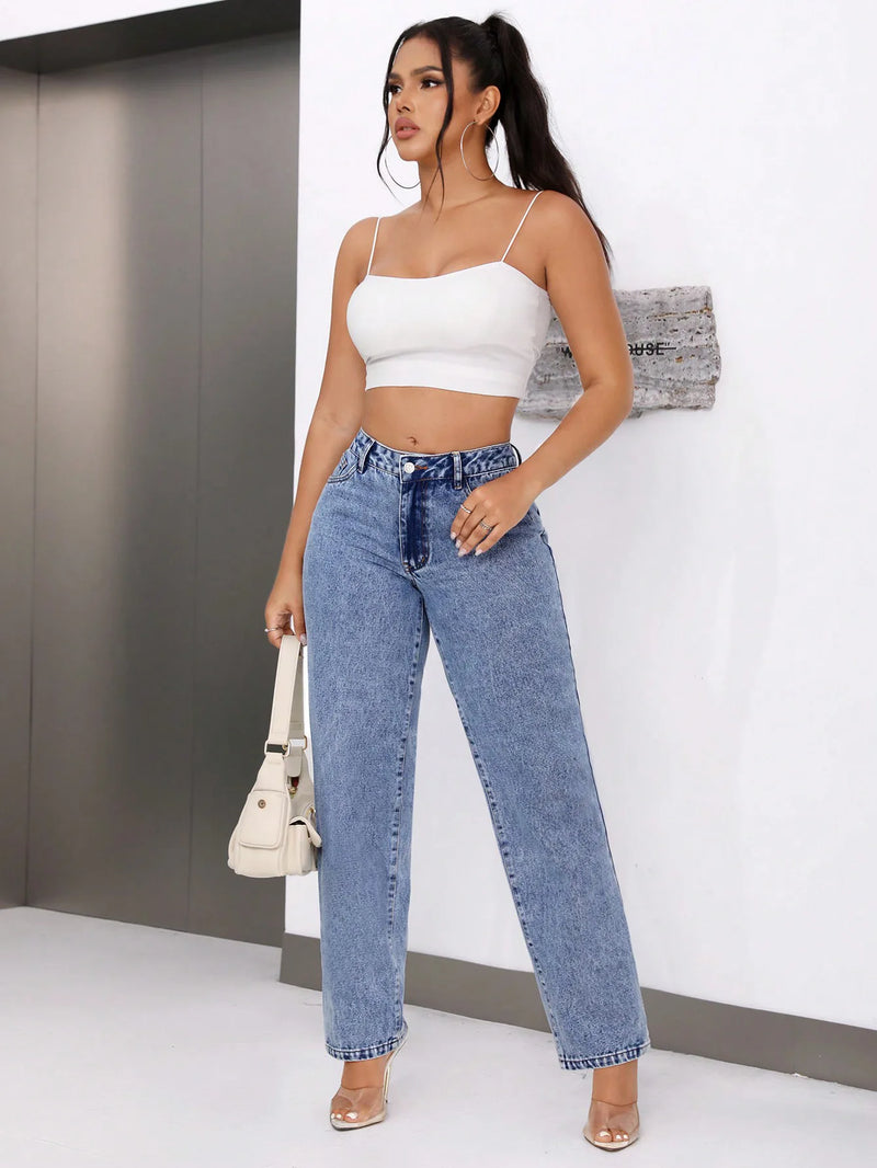 Straight High Waist Ankle Length Denim Vintage Washed Jean Loose Fit Pockets
