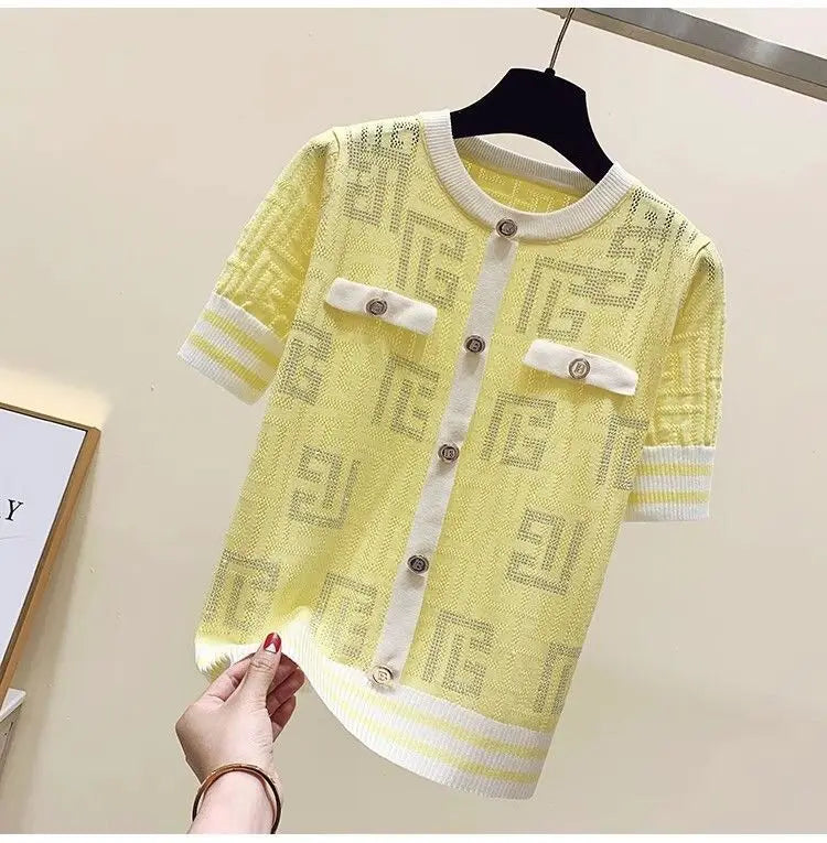 Short Sleeve Knitting Geometric Thin O-neck Pullover Top Tee