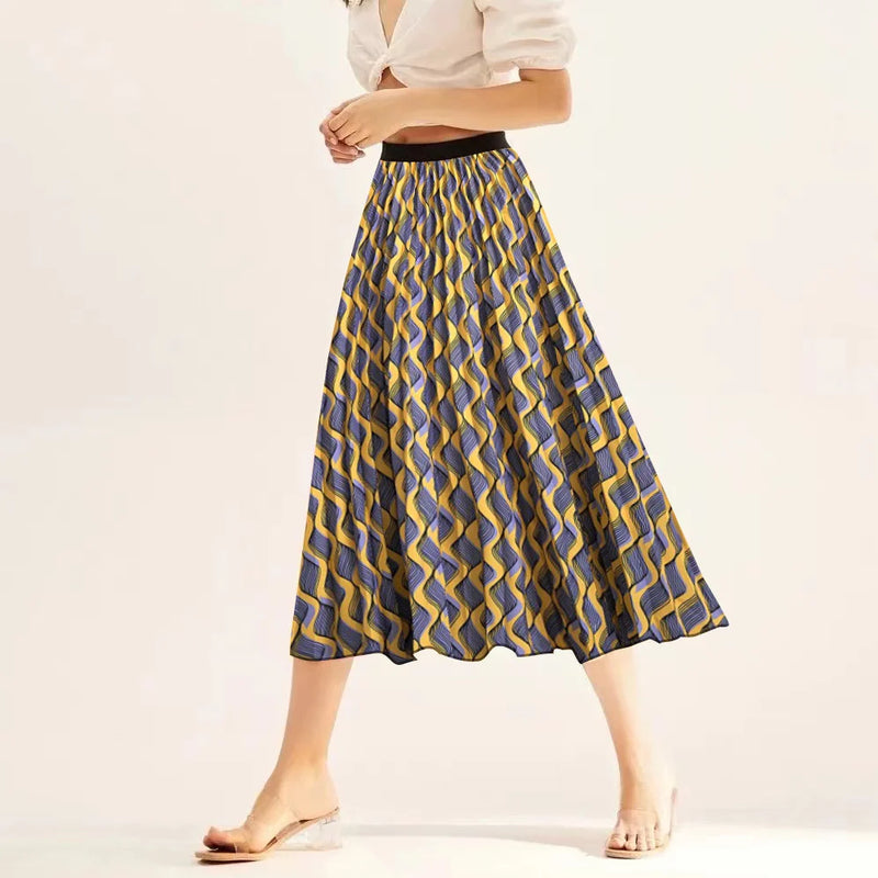 Printed elastic mid length A-line pressed pleated skirt