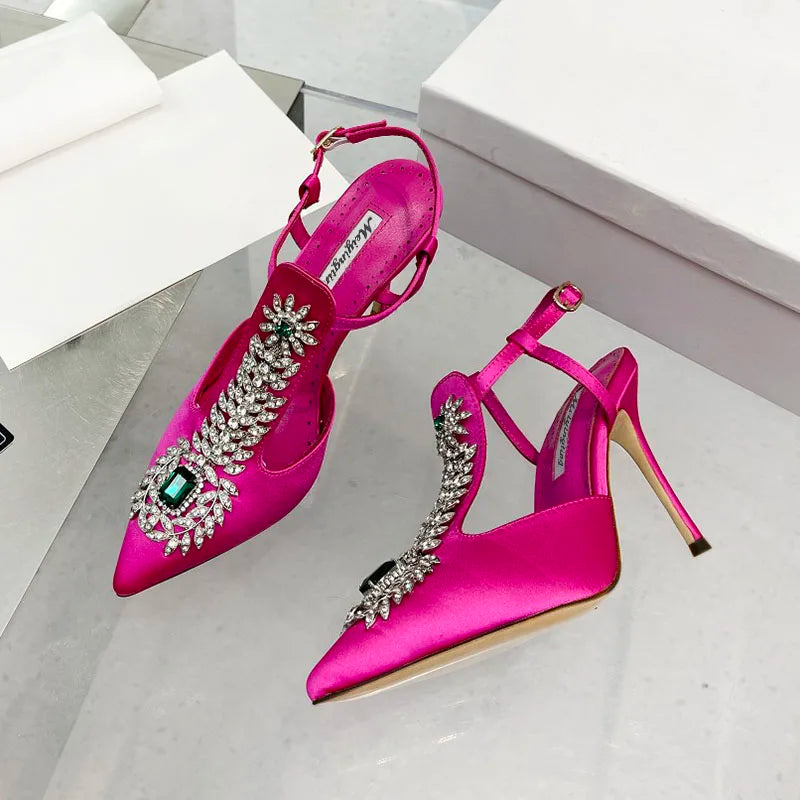 Rhinestone Pointed Toe High Heels Satin
