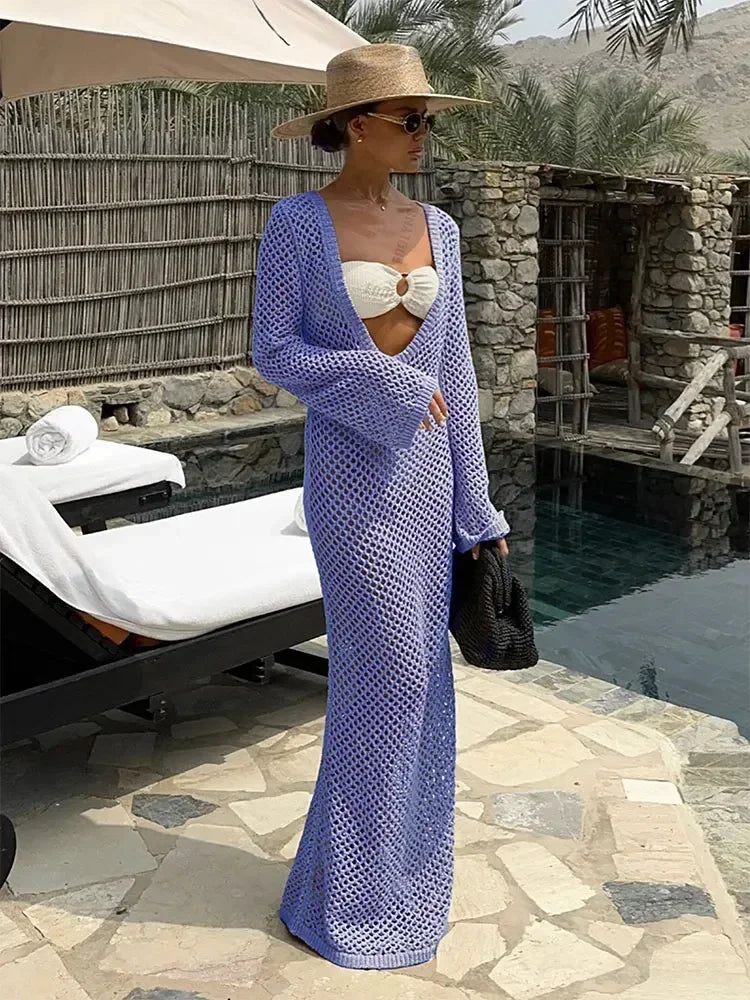 Sexy U-neck Bell Sleeve Knit Swimwear Bikinis Cover-ups