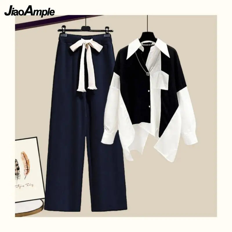 Splicing Shirt+Elastic Waist Wide Leg Pants Two Piece